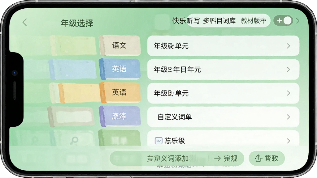 快乐听写多科目词库界面,手机屏幕展示年级选择页面,左侧列有语文、英语等科目标签,右侧显示各年级单元列表,页面顶部有教材版本切换选项,底部有自定义词单添加入口,背景为柔和的绿色渐变,风格为清爽的教育类APP界面,排版整齐,画质干净,无杂乱元素