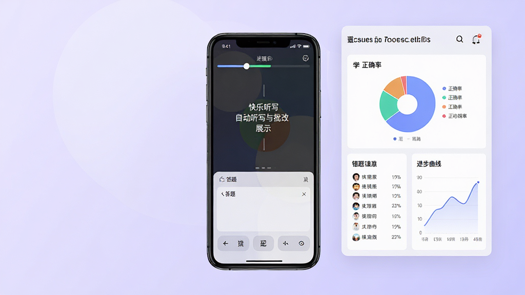 快乐听写自动听写与批改功能展示,画面中央一部手机显示听写进行中界面,屏幕上方有朗读进度条,下方有答题区域,旁边展示学习报告页面,包含正确率饼图、错题列表和进步曲线,背景为淡紫色渐变,风格为简洁的数据可视化界面,细节清晰,画质干净,无多余元素