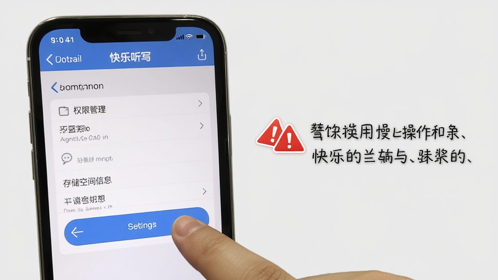 快乐听写移动端使用操作示意图,画面展示一部手机屏幕录制截图风格,画面中手指正在点击快乐听写APP的设置按钮,屏幕显示权限管理页面和存储空间信息,旁边有红色警告图标标注注意事项,背景为浅灰色,风格为教程类截图示意,细节清晰,画质干净,无多余元素