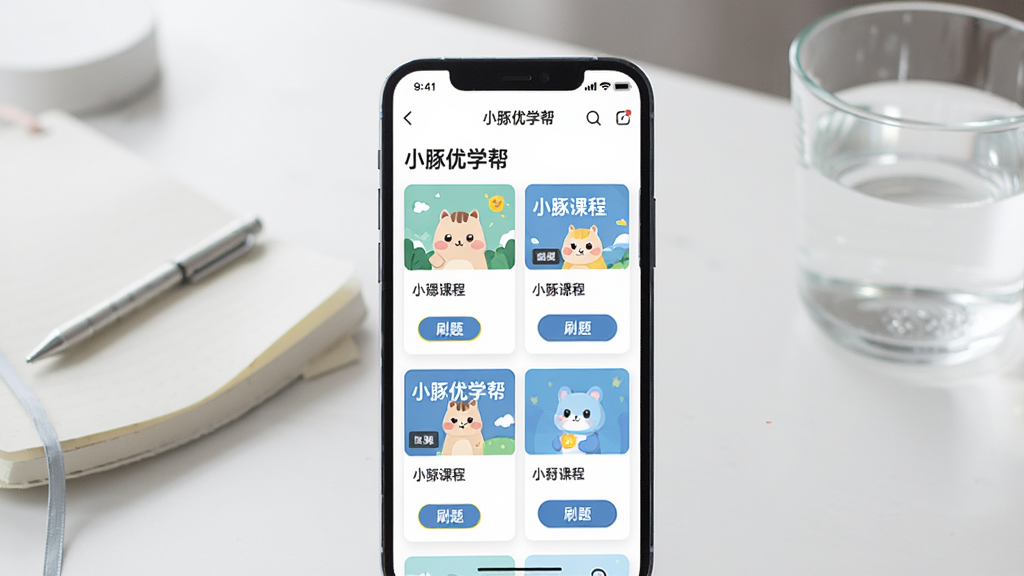 一张手机屏幕展示学习软件界面的图片,画面中央是一部智能手机,手机屏幕上显示着“小豚优学帮”的课程列表页面,页面中有多个课程卡片和刷题按钮,背景是干净的书桌,桌面上放着笔记本和一杯水,整体风格清新明亮,画质清晰,构图简洁,无多余元素