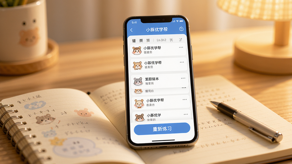 一张展示学习软件错题本功能的图片,画面中一部手机屏幕显示“小豚优学帮”的错题整理页面,页面中有错题列表和重新练习按钮,手机放在一本打开的笔记本上,旁边有一支笔,背景是温暖的室内光线,风格柔和,画质清晰,排版整洁,无多余元素