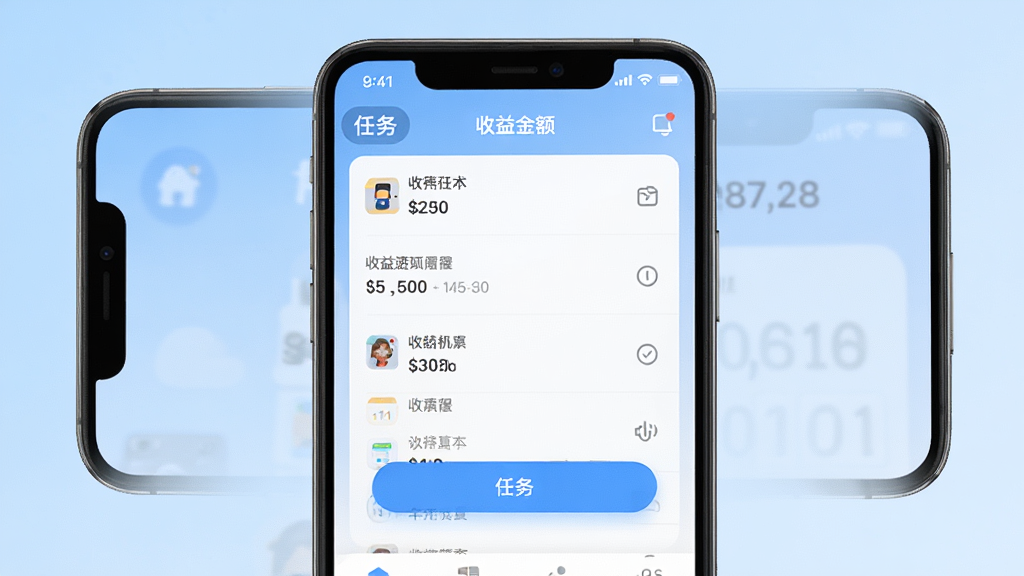 靠冒软件主界面全貌展示,手机屏幕居中放置,屏幕内显示任务列表和收益余额,背景为浅蓝色渐变,整体布局简洁清晰,风格为现代扁平化UI,细节包括图标、按钮和数字标识,画质高清,干净,无多余元素