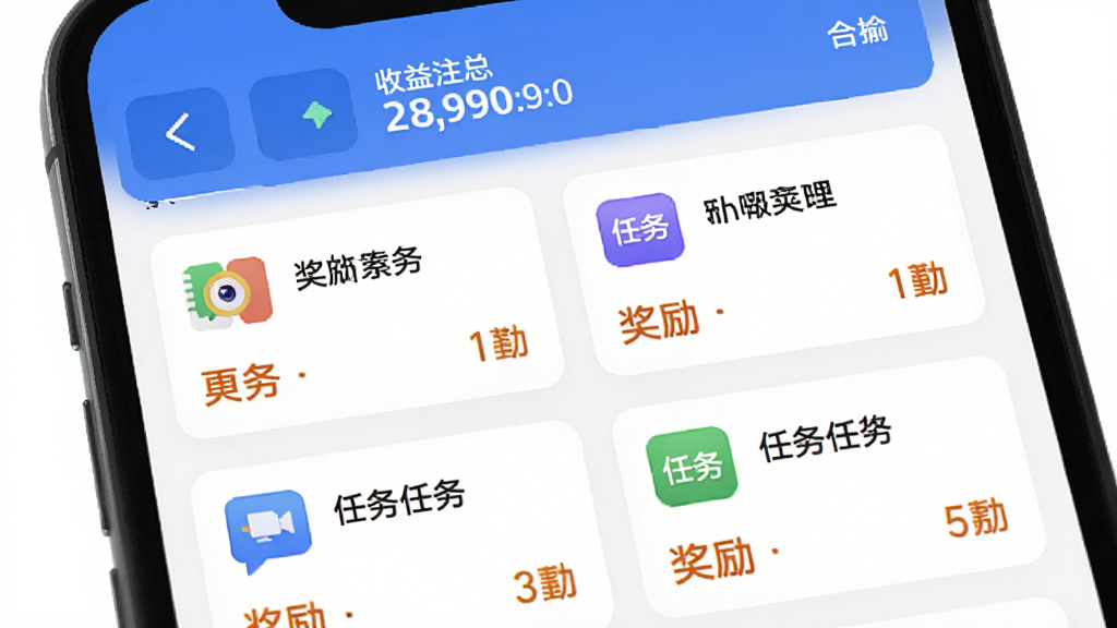 靠冒软件任务列表页面,手机屏幕显示多个任务卡片,每个卡片上有图标、任务名称和奖励数字,背景为白色,顶部有收益汇总栏,风格清爽简约,细节清晰,画质高清,干净,无多余元素