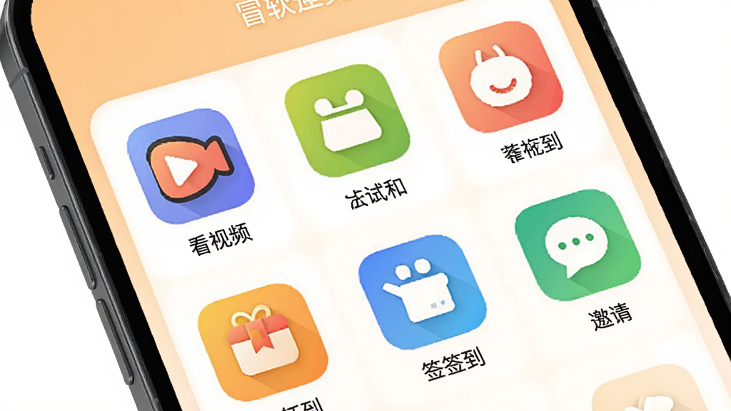 靠冒软件任务分类界面,手机屏幕展示不同任务类型的图标和标签,如看视频、试玩、签到、邀请等,背景为浅橙色,风格活泼明快,细节包括彩色图标和文字标签,画质高清,干净,无多余元素