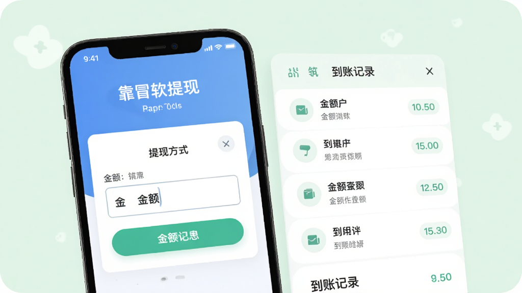 靠冒软件提现页面,手机屏幕显示提现方式和金额输入框,旁边有到账记录列表,背景为淡绿色,风格清新友好,细节包括按钮和文字说明,画质高清,干净,无多余元素