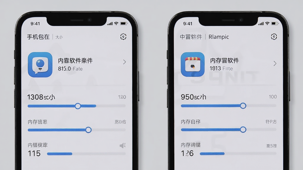 靠冒软件在手机上的安装包大小和内存占用展示,手机屏幕显示应用信息页面,背景为浅灰色,风格极简,细节包括数字和进度条,画质高清,干净,无多余元素