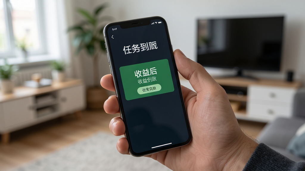 靠冒软件在手机上的使用场景,一只手拿着手机,屏幕显示任务完成后的收益到账提示,背景为室内环境,风格写实生活化,细节包括手机界面和手部动作,画质高清,干净,无多余元素