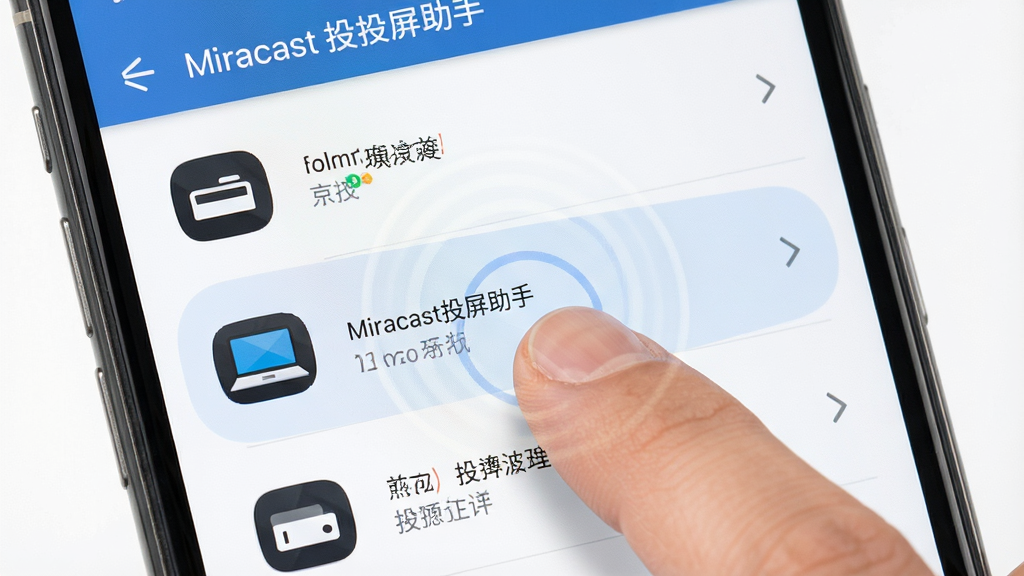 一张表现Miracast投屏助手一键快速连接功能的界面示意图,画面为手机屏幕特写,屏幕上显示着Miracast投屏助手的设备搜索列表界面,列表中有多个可用设备名称,其中一个设备被手指点击,布局采用居中特写构图,风格为写实UI风格,细节包括界面按钮清晰、手指点击动作自然、设备图标直观,画质高清,干净,无多余元素