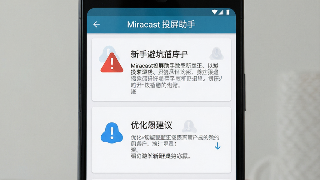 一张展示Miracast投屏助手新手避坑指南的示意图,画面为一部安卓手机屏幕特写,屏幕上显示着Miracast投屏助手的设置界面,界面中有红色警告图标和蓝色提示图标,布局采用上下结构,上方为警告提示,下方为优化建议,风格为扁平化UI风格,细节包括图标清晰、文字排版整齐、界面简洁,画质高清,干净,无多余元素