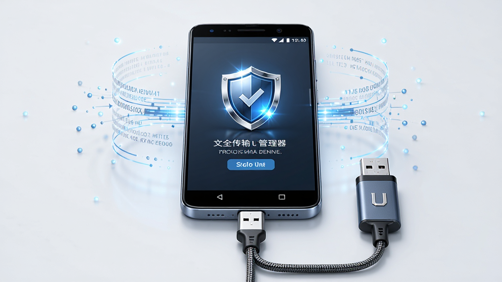一张展示U盘文件管理器安全读写机制的图片,画面主体为一部安卓手机与一个U盘通过OTG线连接,手机屏幕上显示安全传输提示与盾牌图标,周围环绕着数据流线条,布局为居中构图,排版对称,风格为科技安全风,细节上盾牌带有光泽感,数据线纹理清晰,画质高清,干净,无多余元素