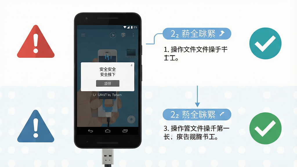 一张展示U盘文件管理器新手操作提示的图片,画面中一部安卓手机与U盘连接,手机屏幕上显示安全弹出提示与操作步骤指引,周围环绕着警告图标与对勾图标,布局为上下分层,排版清晰,风格为扁平化提示风,细节上红色警告与蓝色提示形成对比,画质高清,干净,无多余元素