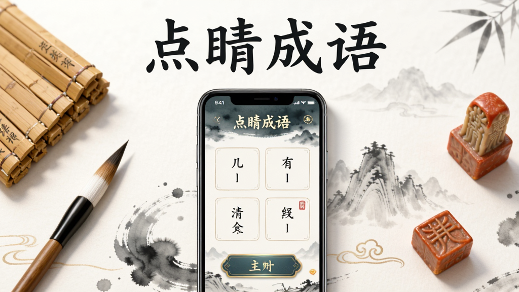 画面中央放置一部智能手机,手机屏幕显示“点睛成语”APP主界面,界面中有四个成语填空格子与水墨风格背景,手机周围散落毛笔、竹简、印章等中国风元素,整体布局采用居中构图,上方留白处写有“点睛成语”四个大字,风格为清新国风插画,细节包括水墨晕染效果、金色描边按钮、柔和光影,画质高清,干净整洁,无多余元素