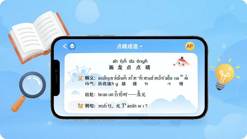 一部手机横屏展示“点睛成语”APP的成语详情页,页面中清晰可见成语“画龙点睛”的拼音、释义、出处和例句,手机旁边漂浮着翻开的书本、放大镜和发光的小灯泡,布局为左右对称,风格为扁平化教育插画,细节包括柔和蓝色渐变背景、圆角卡片、图标高亮,画质清晰,干净无杂物