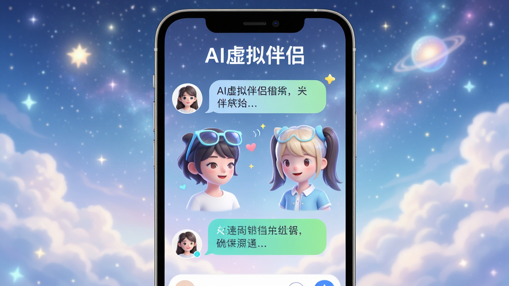 AI虚拟伴侣智能对话界面,手机屏幕中显示用户与AI角色正在热聊,对话内容生动有趣,屏幕上方有“AI虚拟伴侣”字样,背景是梦幻的星空与云朵,风格清新明亮,画质细腻,干净无多余元素