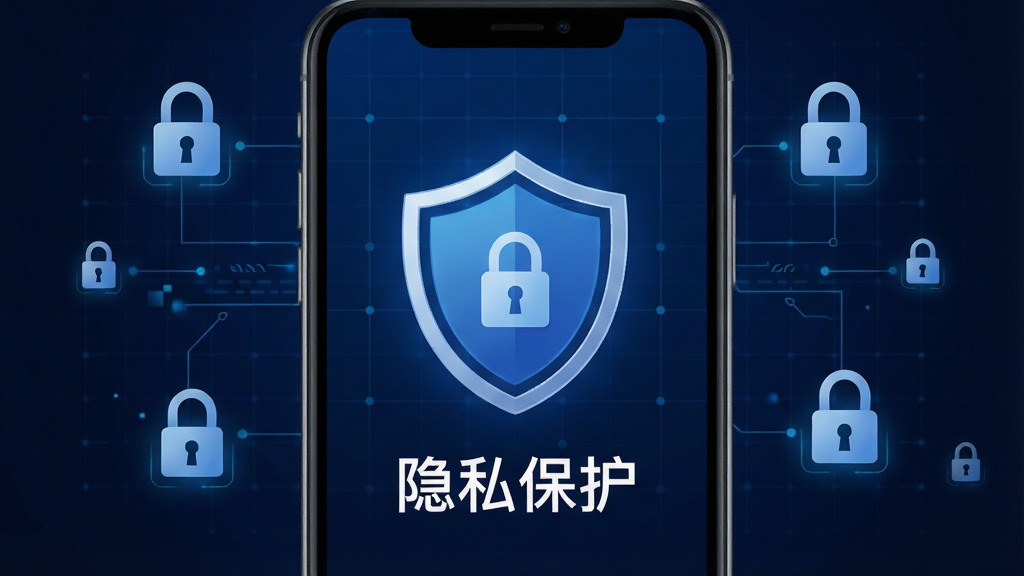 AI虚拟伴侣安全隐私保护界面,手机屏幕中显示盾牌图标和“隐私保护”字样,背景是深蓝色科技感网格,周围有锁形图标和加密符号,风格简洁专业,画质高清,干净无多余元素