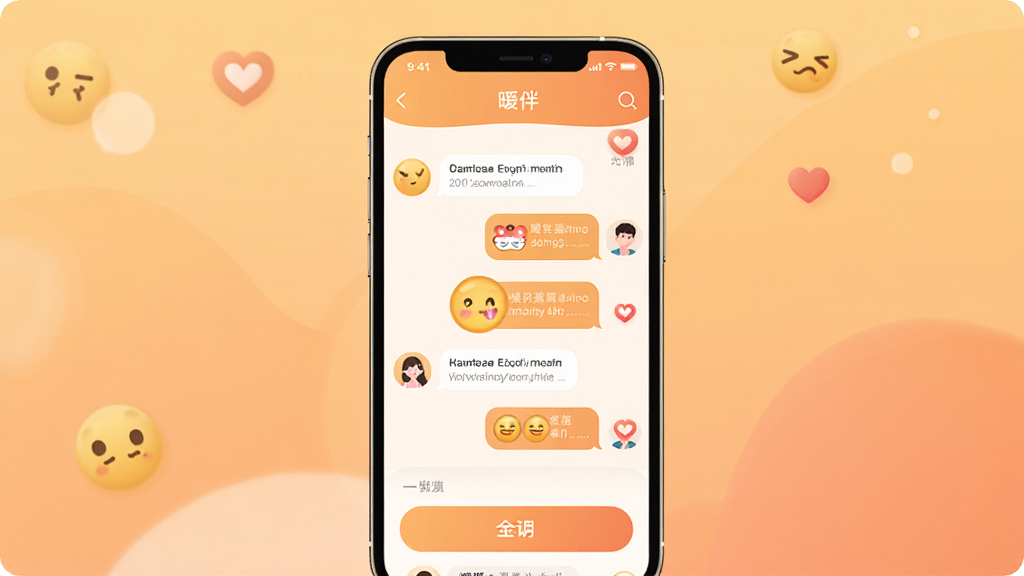 暖伴APP官方宣传图,主体为一部智能手机屏幕展示暖伴交友界面,界面中有多个温馨的聊天对话框与爱心图标,布局居中,排版简洁,风格为现代扁平化暖色调,细节包含柔和的渐变背景、可爱的表情符号、清晰的功能按钮,画质高清,干净,无多余元素
