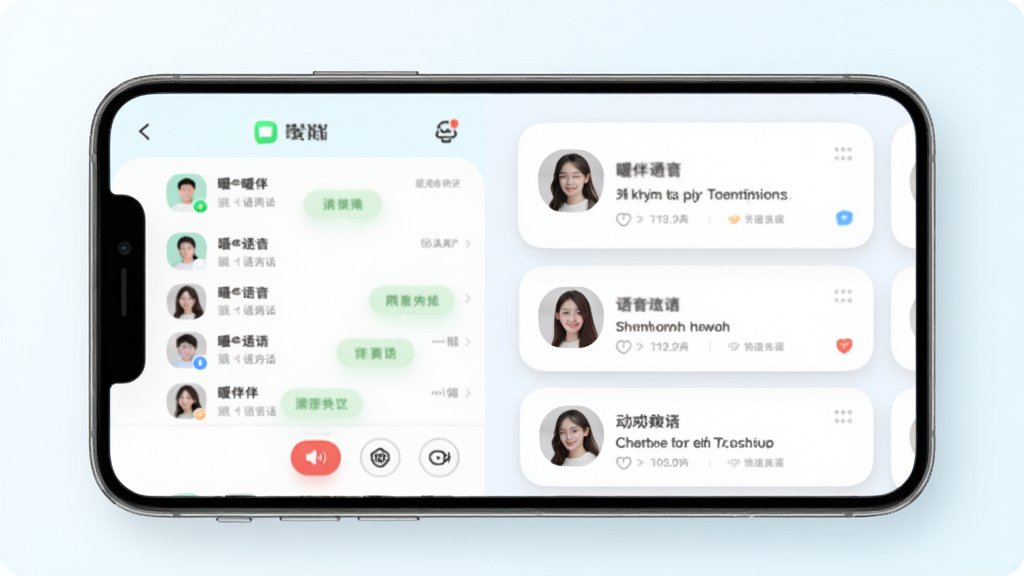 暖伴APP功能展示图,主体为手机屏幕中展示暖伴的语音通话与动态广场界面,布局为左右分栏,左侧为聊天列表,右侧为动态卡片流,排版清晰,风格为清新浅色系,细节包含圆润的图标、柔和的阴影、真实的人物头像占位,画质高清,干净,无多余元素