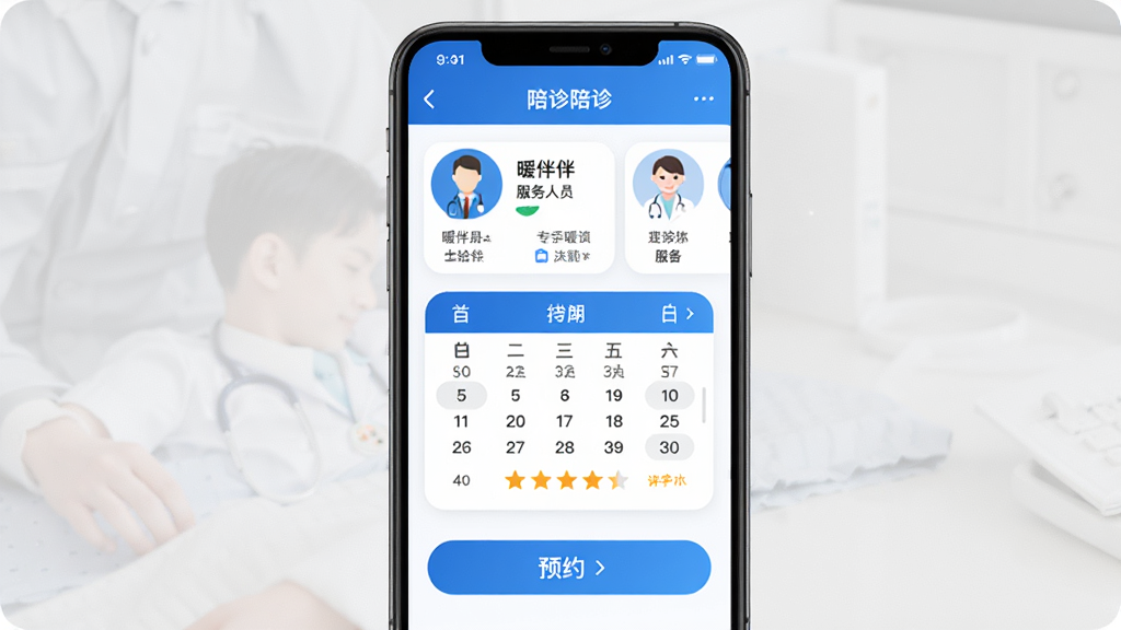 暖伴APP陪诊服务界面图,主体为手机屏幕展示暖伴陪诊预约页面,布局为上下结构,上方为服务人员列表,下方为预约按钮,排版规整,风格为专业医疗蓝白色调,细节包含医生图标、日历选择器、评价星级,画质高清,干净,无多余元素