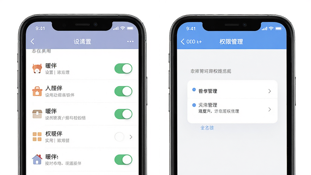 暖伴APP移动端操作界面图,主体为手机屏幕展示暖伴的设置页面与权限管理界面,布局为列表式,排版清晰,风格为简洁实用风,细节包含开关按钮、图标、文字说明,画质高清,干净,无多余元素