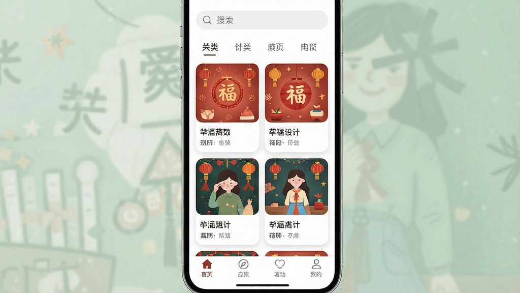 一张手机屏幕展示文案卡片应用的主界面,主体是竖向排列的多种卡片模板,布局为顶部搜索栏加分类标签,中间为两列卡片缩略图,底部为导航栏,排版整齐,风格清新简约,细节包含卡片上的中文文案示例、节日主题图标、圆角卡片边框,画质高清,画面干净,无多余元素。