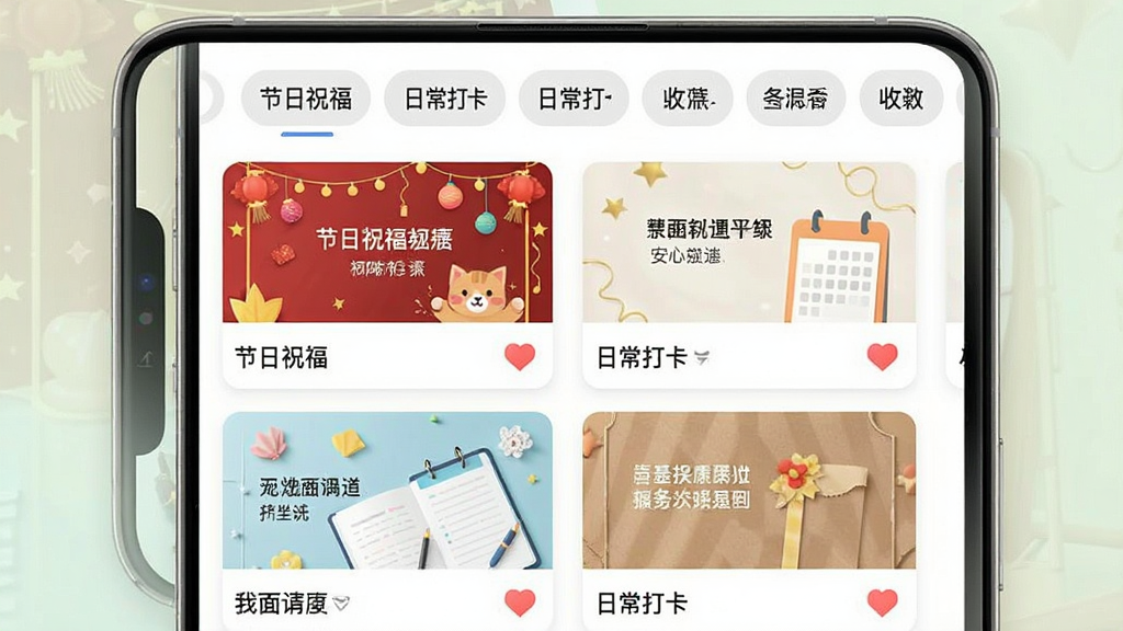 一张文案卡片应用模板库界面的手机截图,主体是分类标签栏和瀑布流模板列表,布局为顶部横向滚动分类,下方两列展示不同风格的卡片模板,排版紧凑有序,风格明亮活泼,细节包含“节日祝福”“日常打卡”等中文标签、模板缩略图上的文字示例、收藏按钮,画质清晰,画面干净,无多余元素。