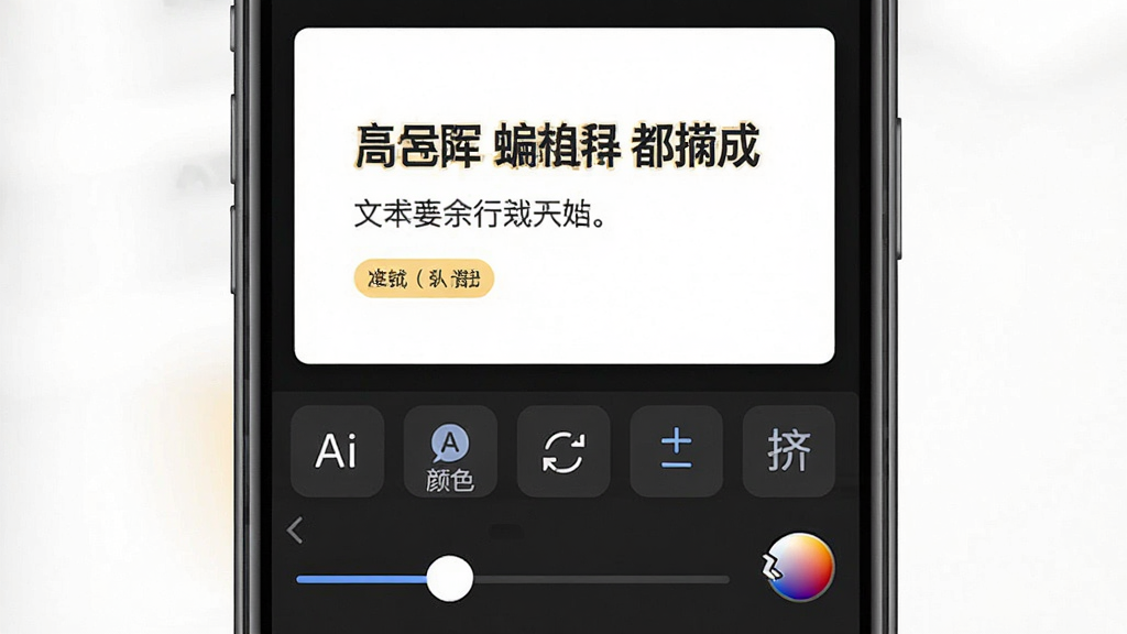 一张文案卡片文字编辑界面的手机截图,主体是卡片预览区和下方文字属性工具栏,布局为上方显示正在编辑的卡片,下方一排图标按钮分别代表字体、颜色、描边、对齐,排版清晰,风格简洁工具化,细节包含中文文字示例、滑块调节条、颜色选择圆点,画质高清,画面干净,无多余元素。