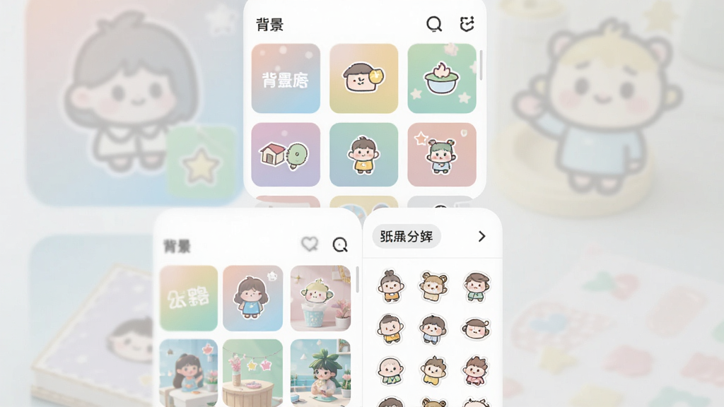 一张文案卡片背景与贴纸选择界面的手机截图,主体是背景缩略图网格和贴纸分类面板,布局为上方背景预览,下方左右分栏展示背景库与贴纸库,排版整齐,风格柔和清新,细节包含渐变背景示例、卡通贴纸图标、中文分类标签,画质清晰,画面干净,无多余元素。