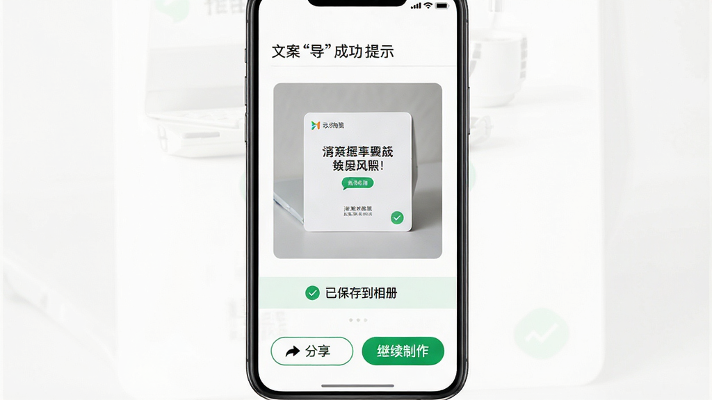 一张手机屏幕展示文案卡片导出成功的提示界面,主体是卡片成品预览和下方“已保存到相册”的提示条,布局为居中大图预览,底部有分享和继续制作按钮,排版简洁,风格清爽,细节包含中文提示文字、绿色对勾图标、卡片上的文案示例,画质高清,画面干净,无多余元素。
