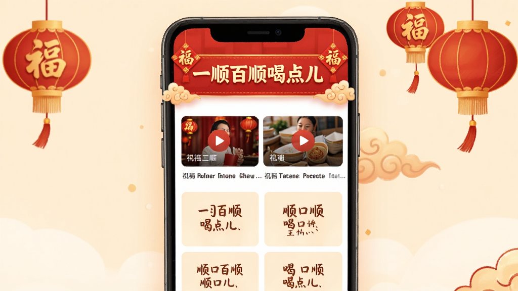 一顺百顺喝点儿APP主界面截图风格插画,主体是一部智能手机竖屏展示应用首页,布局上方为红色喜庆横幅写着“一顺百顺喝点儿”,中间排列祝福视频卡片和顺口溜文字模块,排版整齐清晰,风格温暖喜庆中国红,细节包含福字、灯笼、祥云元素点缀,画质高清干净,无多余元素