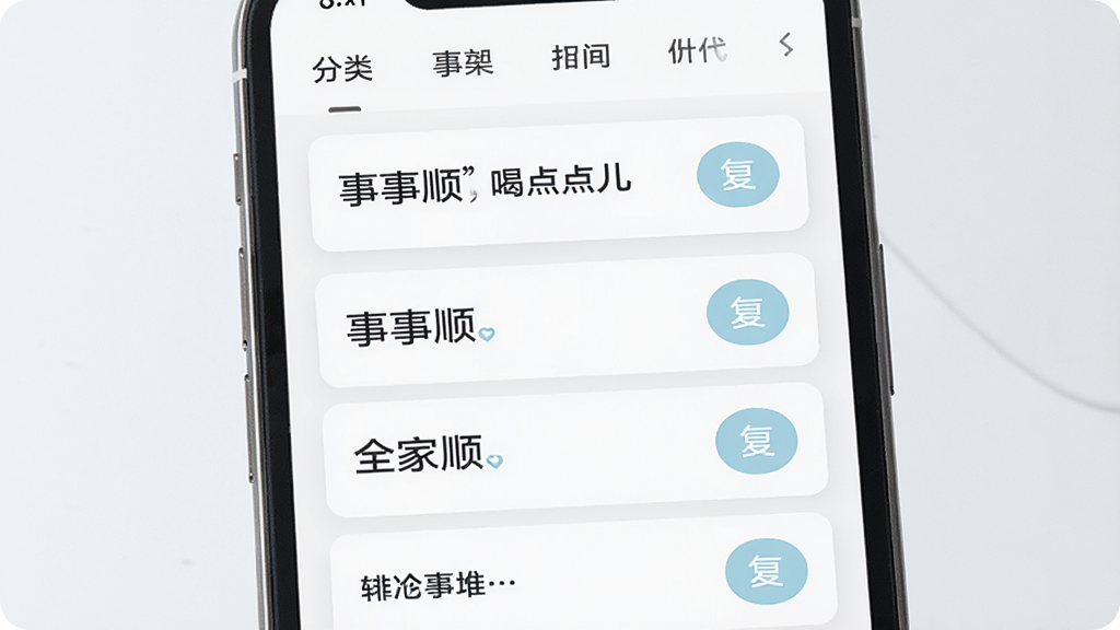 一顺百顺喝点儿文案界面,主体为手机屏幕展示文字列表,布局上方为分类导航,中间每条文案卡片带有复制按钮,排版简约,风格清新浅色,细节包含“事事顺”“全家顺”等文字内容,画质高清干净,无多余元素
