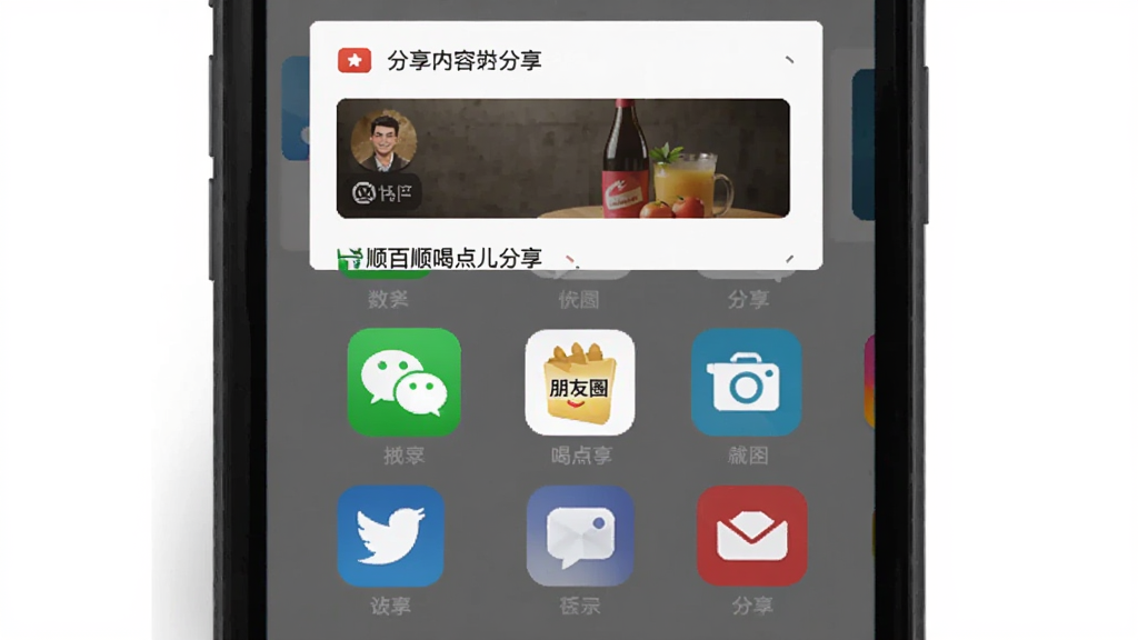 一顺百顺喝点儿分享功能示意图,主体为手机屏幕展示分享菜单弹出,布局中间为多个社交平台图标排列,上方为内容预览卡片,排版清晰直观,风格扁平化设计,细节包含微信、朋友圈等图标,画质高清干净,无多余元素