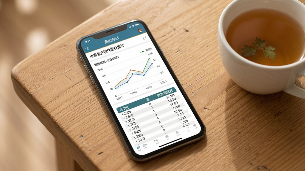 一张中盾金达软件燃料统计页面的图片,手机屏幕显示折线图和统计表格,表格中有日期和燃料消耗量数据,手机放置在木质桌面上,旁边有一杯茶,整体氛围温馨生活化,风格清新自然,画质干净,无多余元素