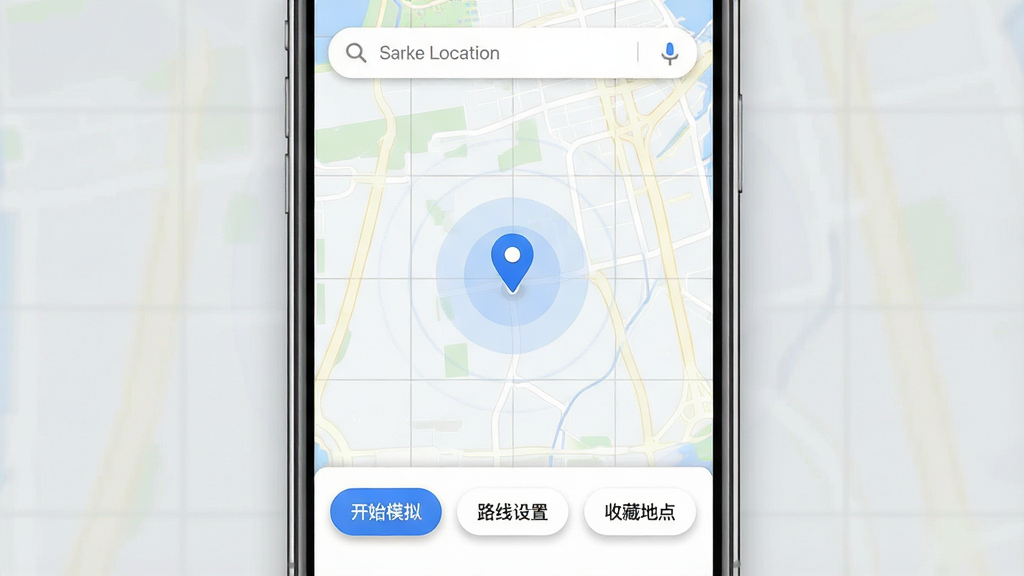 一张手机屏幕正面展示图,画面中央是Fake Location应用的主界面,界面顶部显示搜索框和地图区域,地图上有一个蓝色定位标记点,标记点周围有淡淡的波纹扩散效果,界面底部有“开始模拟”“路线设置”“收藏地点”三个按钮,整体布局采用上下结构,风格为现代简约科技风,细节上地图带有浅灰色网格线,按钮为圆角矩形带轻微阴影,画质清晰,干净,无多余元素