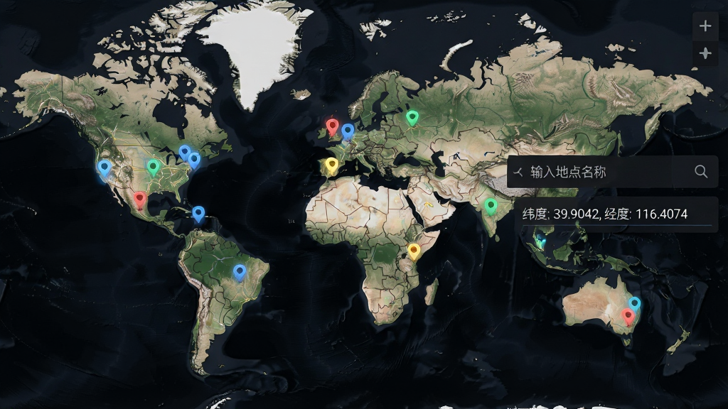 一张展示Fake Location地图界面的图片,画面主体是一张世界地图,地图上有多个不同颜色的定位图钉分布在各个大洲,画面右侧有一个搜索框显示“输入地点名称”,下方有一个坐标输入框显示“纬度: 39.9042, 经度: 116.4074”,背景为深色模式地图,风格为科技感暗色系,细节上地图带有地形阴影和道路线条,图钉带有轻微发光效果,画质清晰,干净,无多余元素