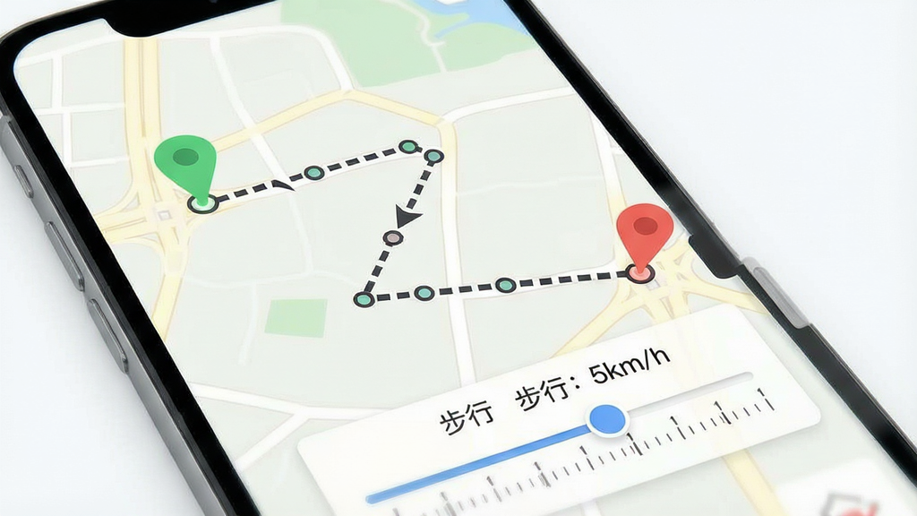 一张Fake Location路线模拟功能示意图,画面展示手机屏幕内地图上有一条由多个圆点连接而成的虚线路径,路径起点和终点分别有绿色和红色标记,路径旁边有一个速度调节滑块显示“步行 5km/h”,背景为浅色地图,风格为清新简约风,细节上路径线条带有方向箭头,滑块带有刻度标识,画质清晰,干净,无多余元素