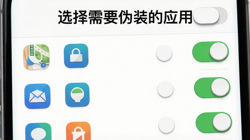 一张展示Fake Location应用伪装设置界面的图片,画面主体是手机屏幕内一个应用列表,列表中有多个应用图标,每个图标右侧有一个开关按钮,其中两个开关处于开启状态并显示绿色,画面顶部有文字“选择需要伪装的应用”,背景为白色,风格为简洁列表风,细节上开关按钮有轻微立体感,图标排列整齐,画质清晰,干净,无多余元素