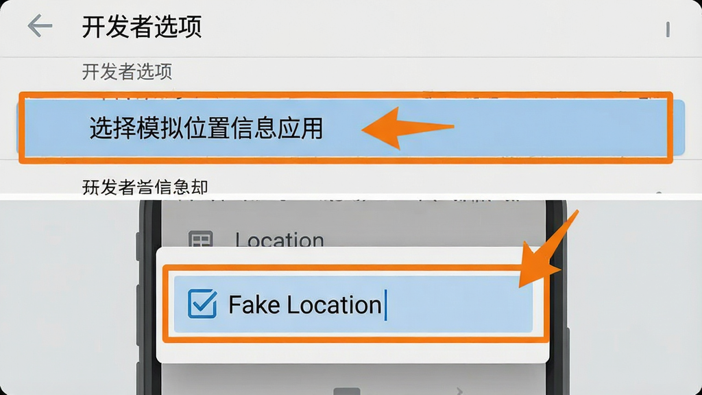 一张手机屏幕截图风格的插画,画面展示Fake Location在开发者选项中的设置步骤,画面分为上下两部分,上半部分显示“开发者选项”菜单列表,其中“选择模拟位置信息应用”被高亮标注,下半部分显示弹出的应用选择对话框,Fake Location选项被勾选,背景为浅灰色,风格为教程指引图,细节上高亮部分带有橙色边框和箭头指示,画质清晰,干净,无多余元素