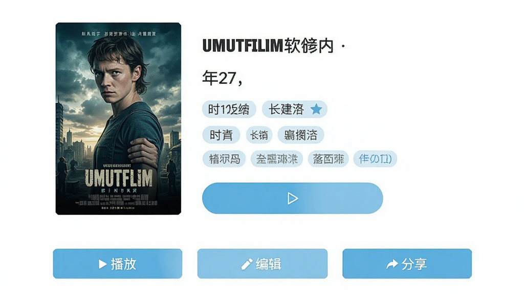 UMUTFILIM软件内影片详情页的界面示意图,画面展示一部电影的详细信息,包括海报、片名、年份、时长、标签列表和播放按钮,底部有“播放”“编辑”“分享”等操作按钮,界面风格简洁清爽,以白色和浅蓝色为主,画质干净清晰