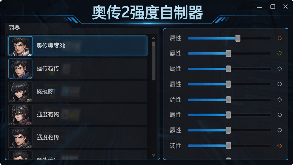 软件主界面截图,画面中央展示奥传2强度自制器的操作面板,左侧为角色列表,右侧为属性调节滑块,顶部有软件名称