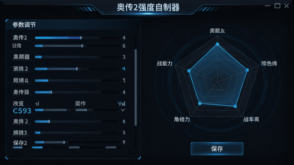 实时预览与保存界面,画面左侧为参数调节区,右侧为角色战斗力雷达图,底部有保存按钮,界面顶部显示