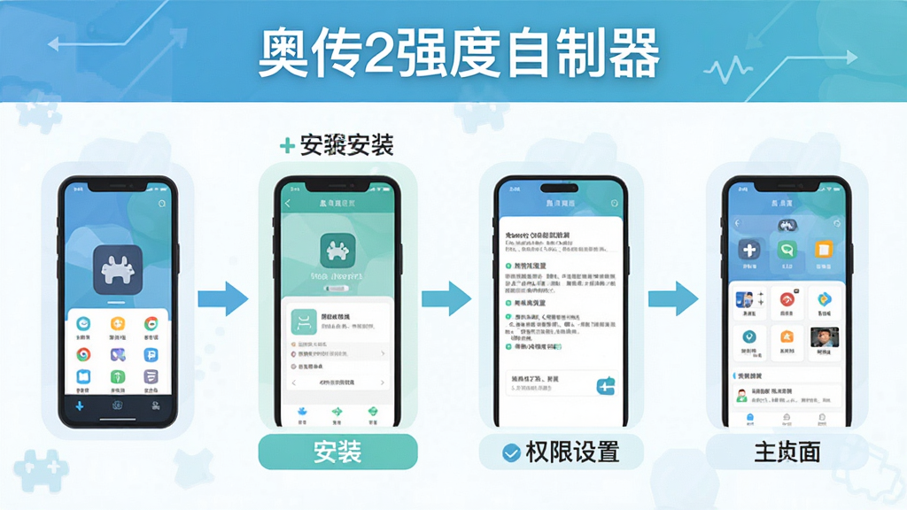 新手操作流程图,画面以步骤形式展示从下载到使用的完整流程,包含手机图标、安装界面、权限设置页面、工具主界面,顶部有
