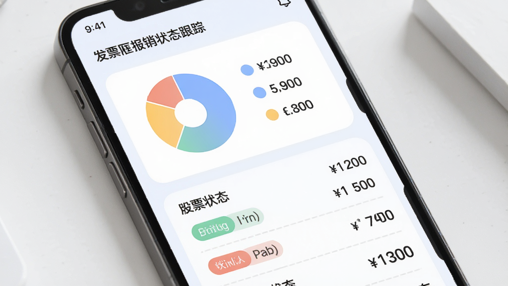 发票匣报销状态跟踪面板,手机屏幕显示统计图表和发票状态列表,主体为数据面板,布局上下分区,排版清晰,风格为柔和圆角设计,细节包含饼图、状态标签、金额数字,画质高清,画面干净,无多余元素