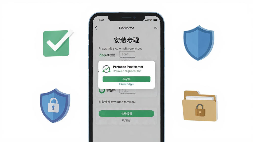 发票匣新手操作流程示意图,画面中央为手机屏幕显示安装步骤和权限设置界面,周围环绕勾选图标、盾牌图标、文件夹图标,主体为手机界面,布局居中,排版分步骤展示,风格为扁平化插画风,细节包含权限弹窗、存储条、安全锁图标,画质高清,画面干净,无多余元素