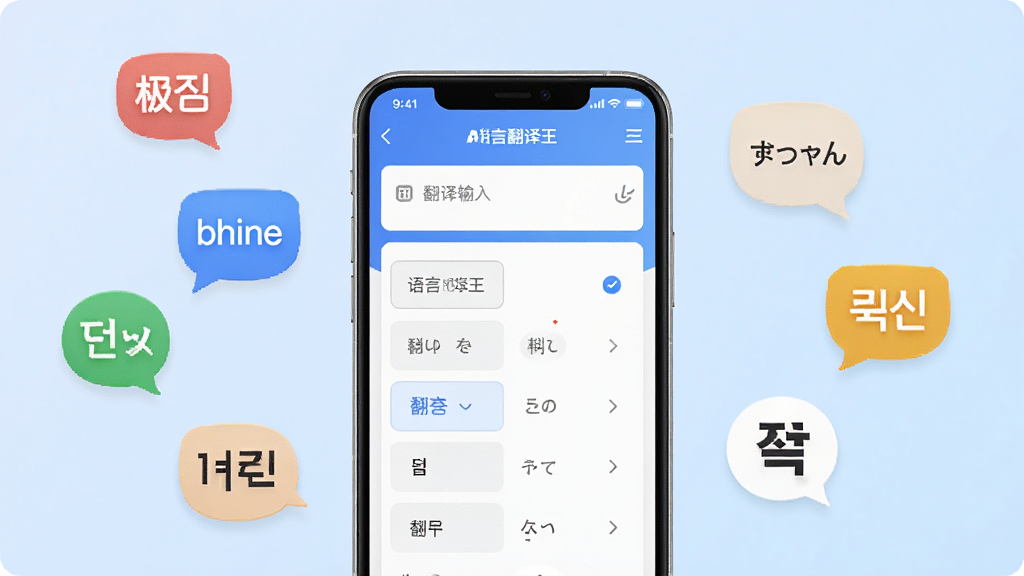 软件主界面展示图,画面中央放置一部智能手机,手机屏幕显示语言翻译王APP的翻译输入框与多语言选择列表,背景为浅蓝色渐变,周围漂浮着中文、英文、日文、韩文等语言气泡图标,整体风格简洁现代,排版清晰,细节精致,高清画质,画面干净,无多余元素