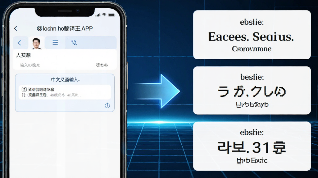多语言翻译场景图,画面左侧为中文输入框,右侧为英文、日文、韩文翻译结果展示,中间用发光箭头连接,手机界面显示语言翻译王APP名称,背景为科技感蓝色网格,风格简洁商务,排版对称,细节清晰,高清画质,干净无杂乱元素