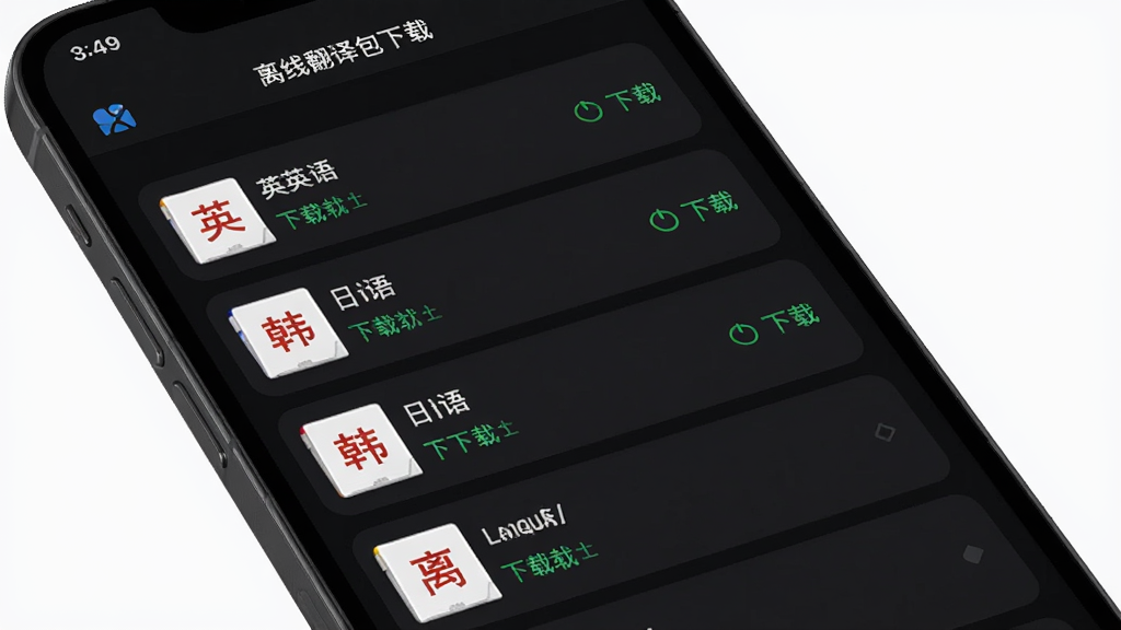 离线翻译包下载界面图,手机屏幕显示语言翻译王APP的离线语言包管理页面,列表中展示英语、日语、韩语等语言包及其下载状态,背景为深色模式,风格科技感,排版整齐,细节清晰,高清画质,画面干净利落
