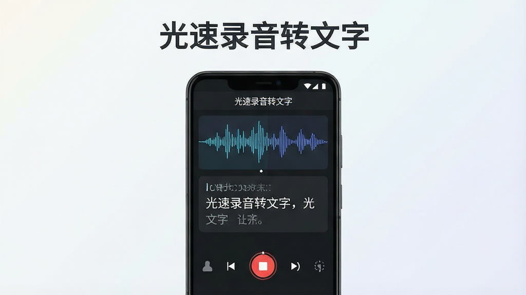 一张展示光速录音转文字软件界面的手机效果图,画面中心是一部安卓手机,屏幕上显示录音转文字的实时转换界面,包含波形动画和文字识别结果,背景为简洁的浅色渐变,整体风格现代科技感,干净清爽,无多余元素,画质清晰,文字内容清晰可见,标题为“光速录音转文字”