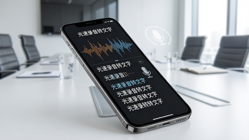 一张表现实时录音转文字功能的AI生图,画面主体是一部手机放置在桌面上,屏幕中显示声波图形与实时浮现的文字内容,周围环境为明亮的会议室,风格简洁商务,细节包括麦克风图标和文字逐行出现的效果,画质干净清晰,无多余装饰元素,手机屏幕上方带有“光速录音转文字”字样