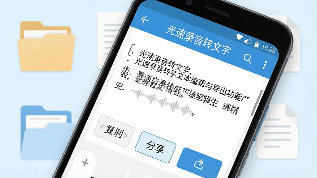 一张展示光速录音转文字文本编辑与导出功能的AI生图,画面为一台安卓手机屏幕特写,显示文字编辑界面,包含复制、分享、导出按钮,背景有文件夹和文档图标作为装饰,风格清新浅色,排版整洁,细节清晰,画质干净,屏幕顶部显示“光速录音转文字”品牌名
