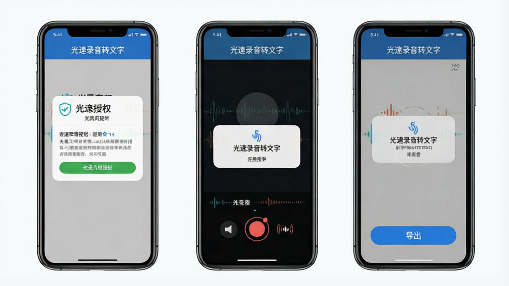 一张展示光速录音转文字新手操作步骤的示意图,画面为手机屏幕分步截图风格,包含安装权限提示、麦克风授权弹窗、录音界面和导出按钮,排版整齐,风格简洁明快,细节清晰,画质干净,屏幕中带有“光速录音转文字”字样